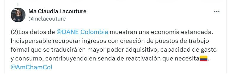 María Claudia Lacouture, presidenta ejecutiva de AmCham Colombia, ve que la economía de Colombia está estancada - crédito @MCLacouture/X