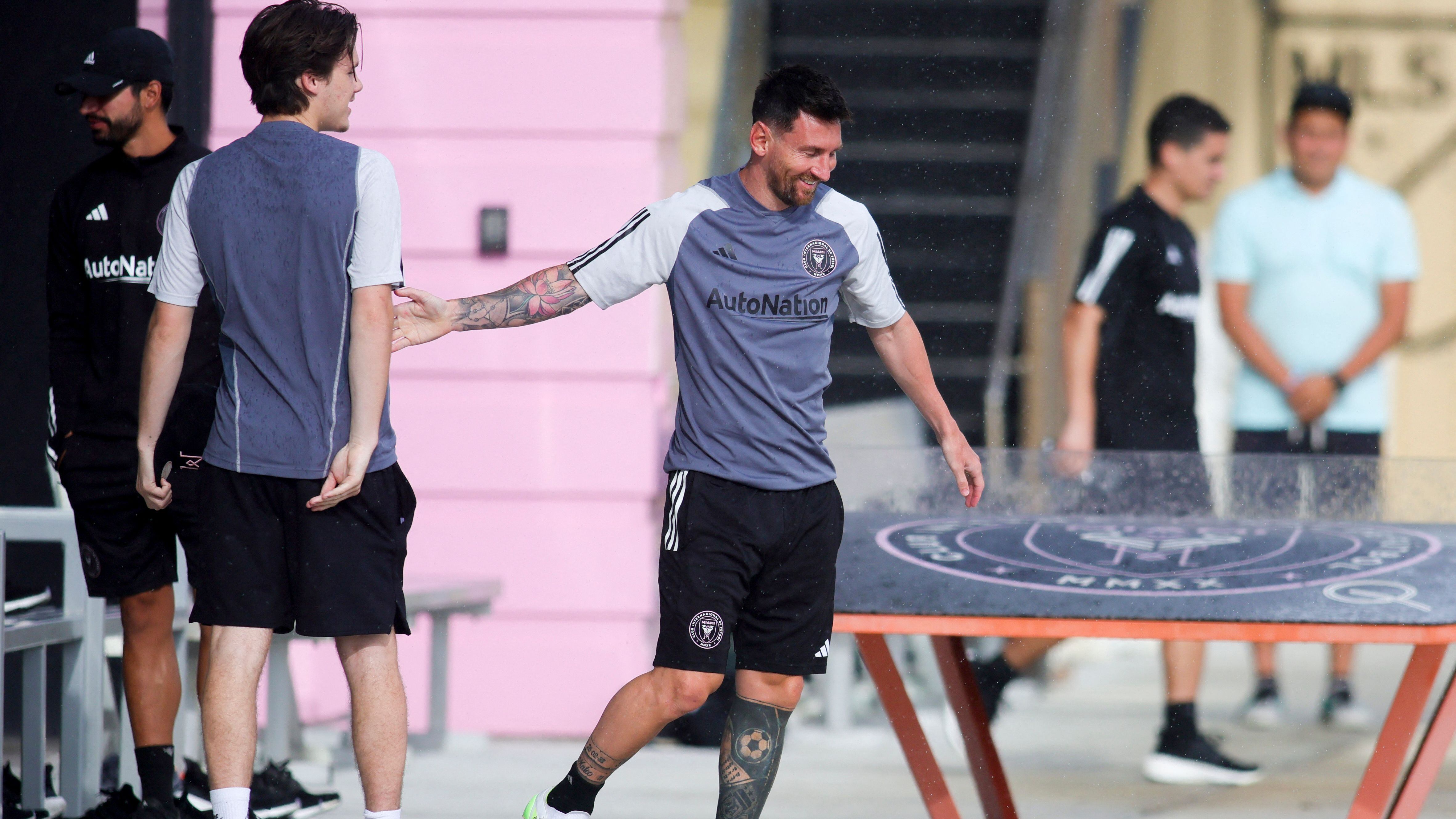 Jul 20, 2023; Miami, FL, USA; Inter Miami CF forward Lionel Messi (10) reacts prior to taking the field during team practice at Florida Blue Training Center Mandatory Credit: Sam Navarro-USA TODAY Sports