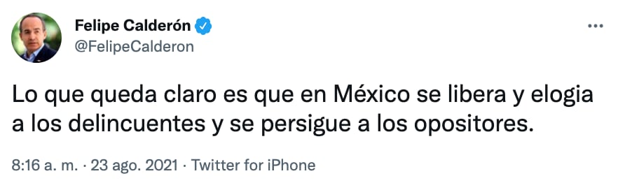 A través de su cuenta de Twitter, Calderón aseguró que en México la ley atiende a intereses políticos (Foto: Twitter@FelipeCalderon)