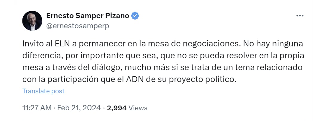 El expresidente de Colombia Ernesto Samper instó al ELN a permanecer en la mesa de negociaciones de paz con el Gobierno Petro - crédito @ernestosamperp/X