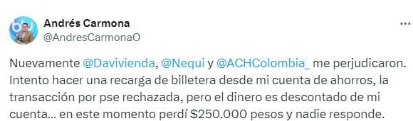 Cliente de Nequi también presentas fallas en sus transacciones por PSE - crédito @AndresCarmonaO/X