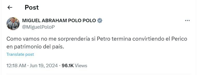 Miguel Polo Polo crítica decisión de volver patrimonio cultural sombrero de Carlos Pizarro - crédito @MiguelPoloP