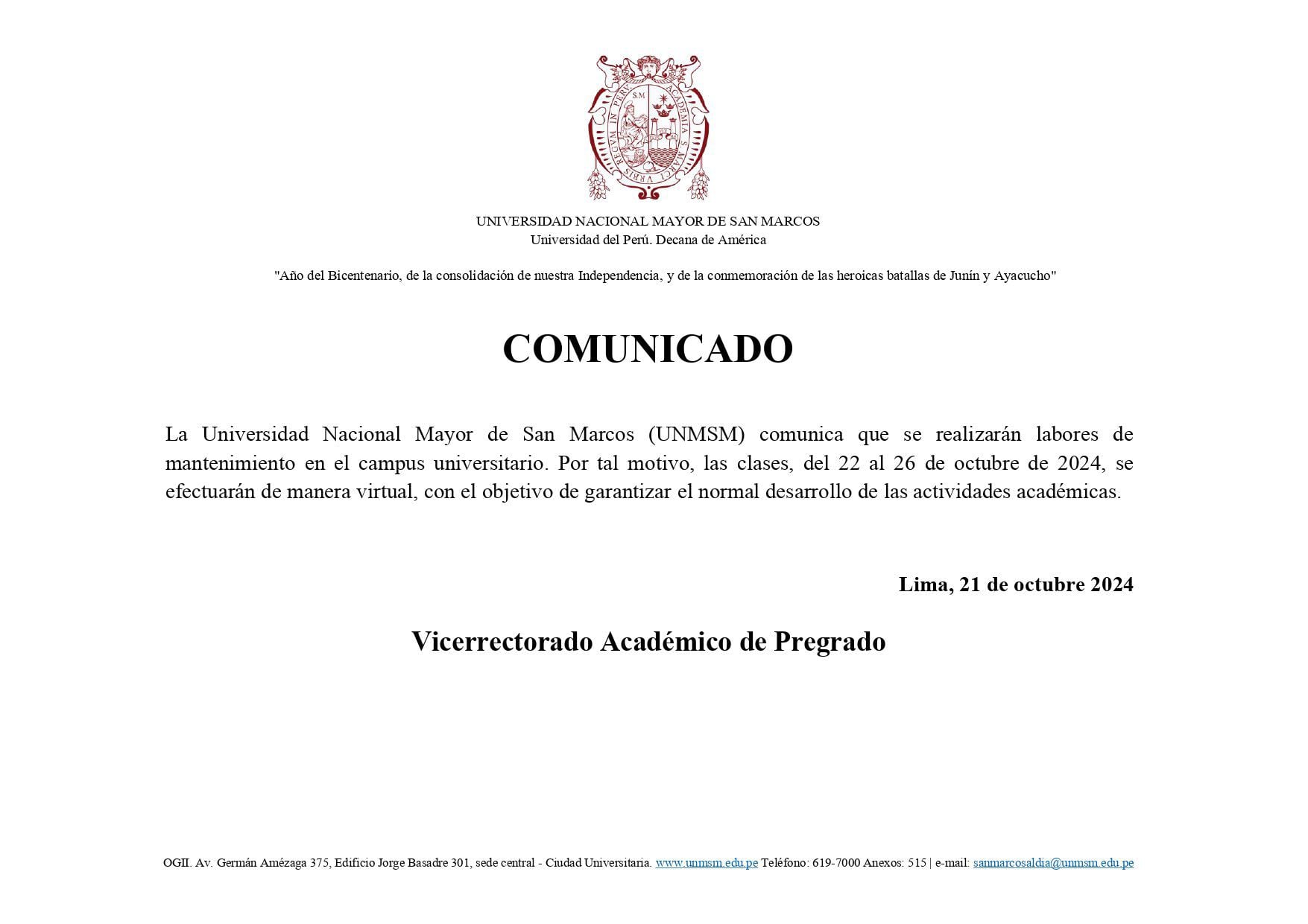 Comunicado de la UNMSM.