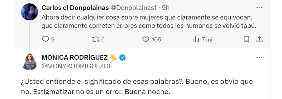 Mónica Rodríguez respondió a usuario que la cuestionó - crédito X