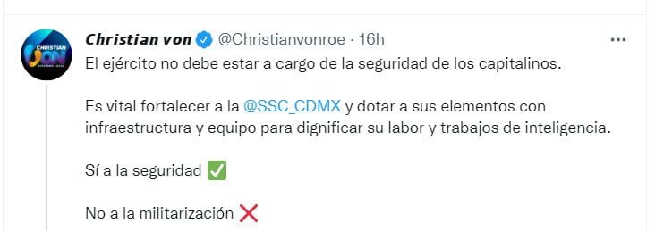 De acuerdo con el legislador, en la CDMX hace falta “una mejor política de seguridad pública” (Foto: Twitter/@Christianvonroe)