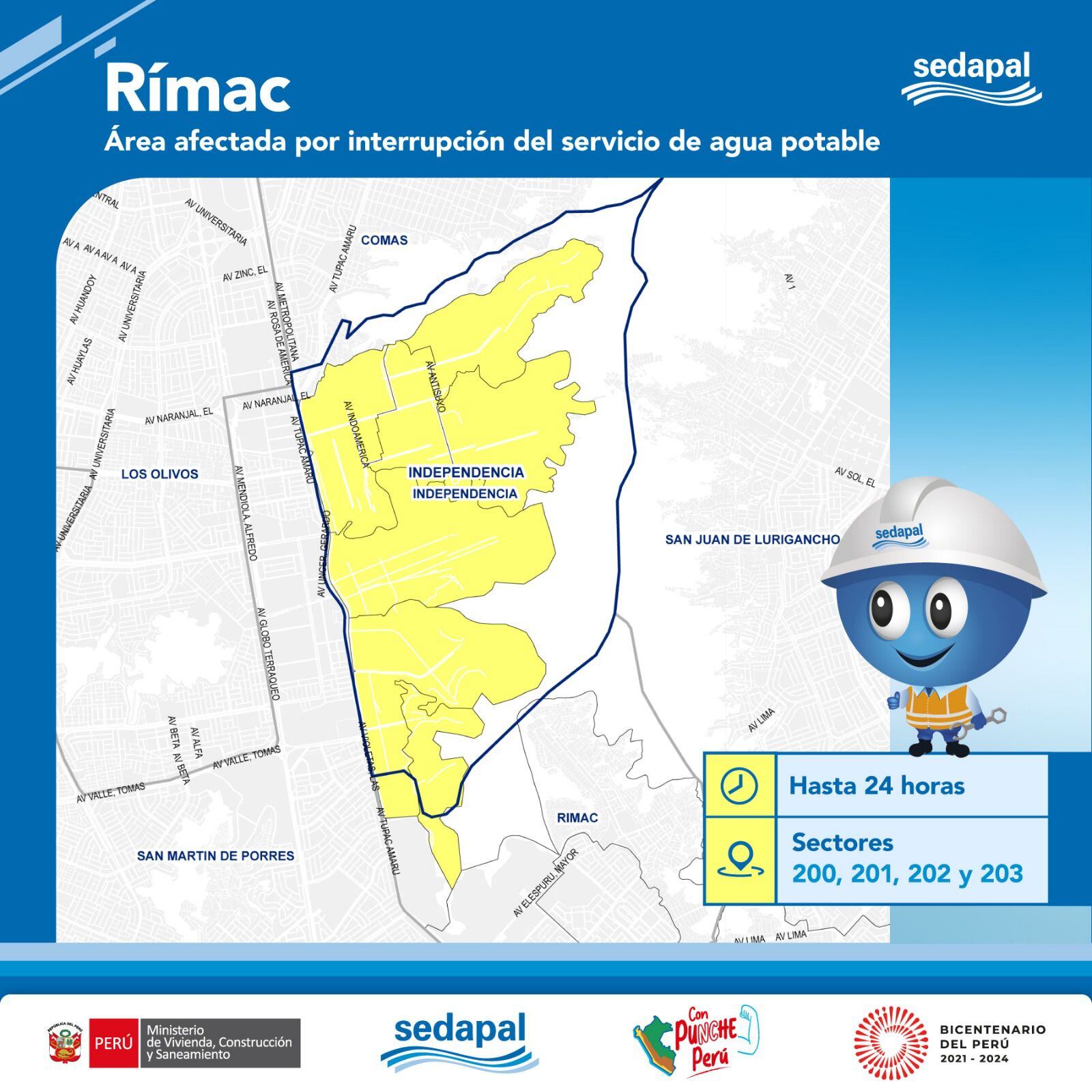 Mapa de las zonas que serán afectadas por el corte de agua en Rímac y horarios en que se suspenderá el servicio | Crédito: Sedapal.