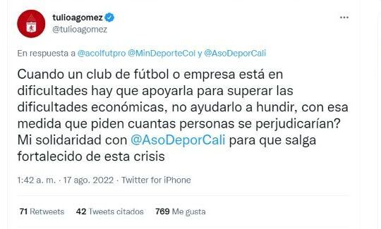 Tulio Gómez se solidarizó con el Deportivo Cali