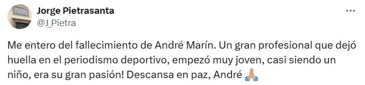 El exintegrante de TUDN externó su tristeza por la noticia del fallecimiento de su colega. (TW Jorge Pietrasanta)