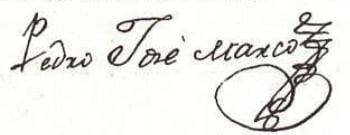 Firma, tomada de documentos coloniales, de Pedro José Marco, el primer dueño del café (Caras y Caretas)