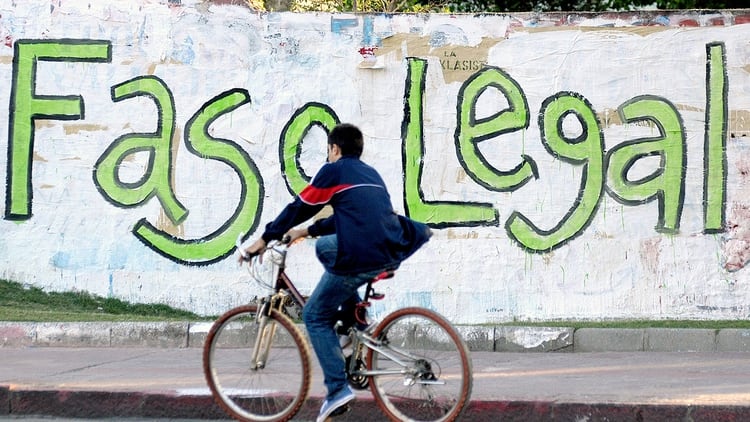 Un ciclista en medio de una pintada que celebraba la regulación del cannabis en Uruguay