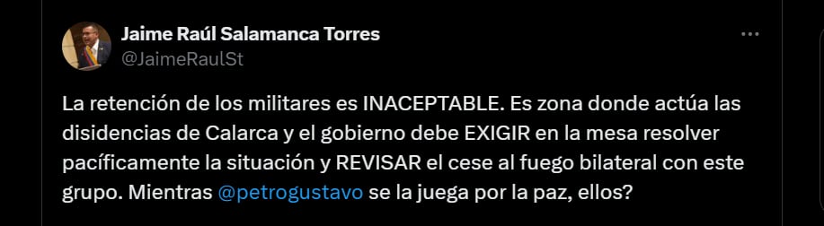 Jaime Raúl Salamanca se pronuncia sobre el secuestro de soldados en San José del Guaviare - crédito X