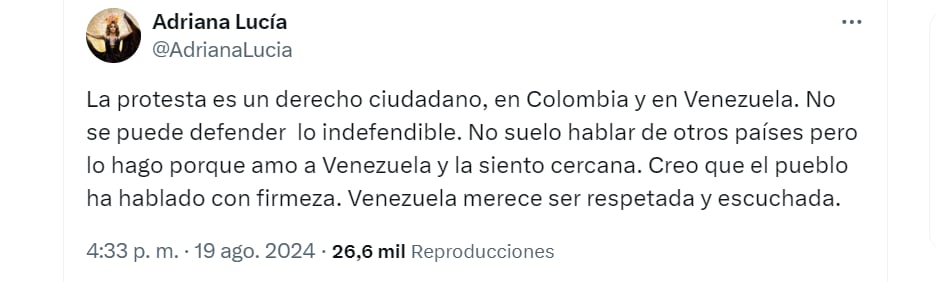 Adriana Lucía se pone del lado de los opositores venezolanos - crédito @AdrianaLucia