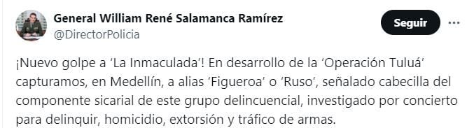 Director de la Policía Nacional informó nuevo golpe contra La Inmaculada - crédito @DirectorPolicía/X