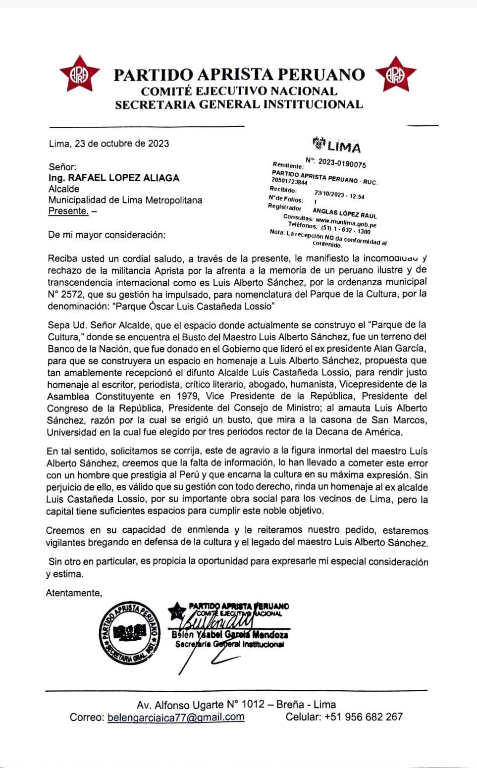 Carta del APRA a Rafael López Aliaga