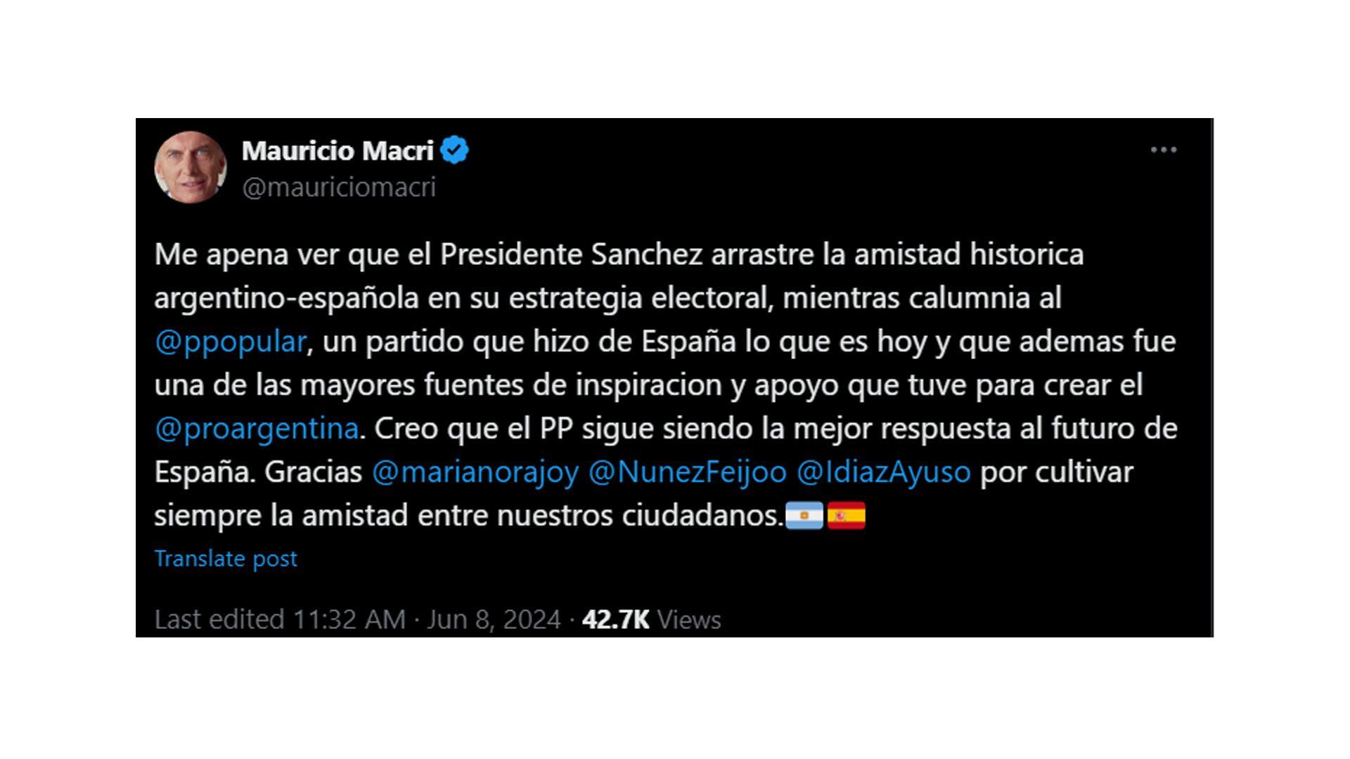 Mauricio Macri apuntó contra Pedro Sánchez tuit