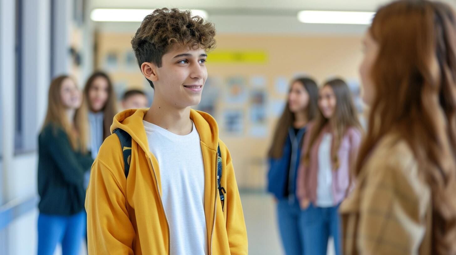 Grupo de adolescentes sonriendo y acogiendo a un nuevo amigo en su círculo, mostrando un ambiente de aceptación y camaradería. La fotografía destaca el impacto positivo de la integración social en la salud mental de los jóvenes y el papel crucial del apoyo emocional en la escuela. (Imagen ilustrativa Infobae)