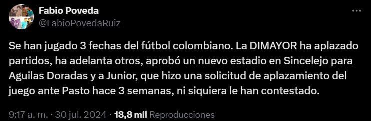 Dimayor no habría definido la fecha para el partido de Junior contra Pasto, para que pueda viajar a Chile por Copa Libertadores - crédito @FabioPovedaRuiz/X