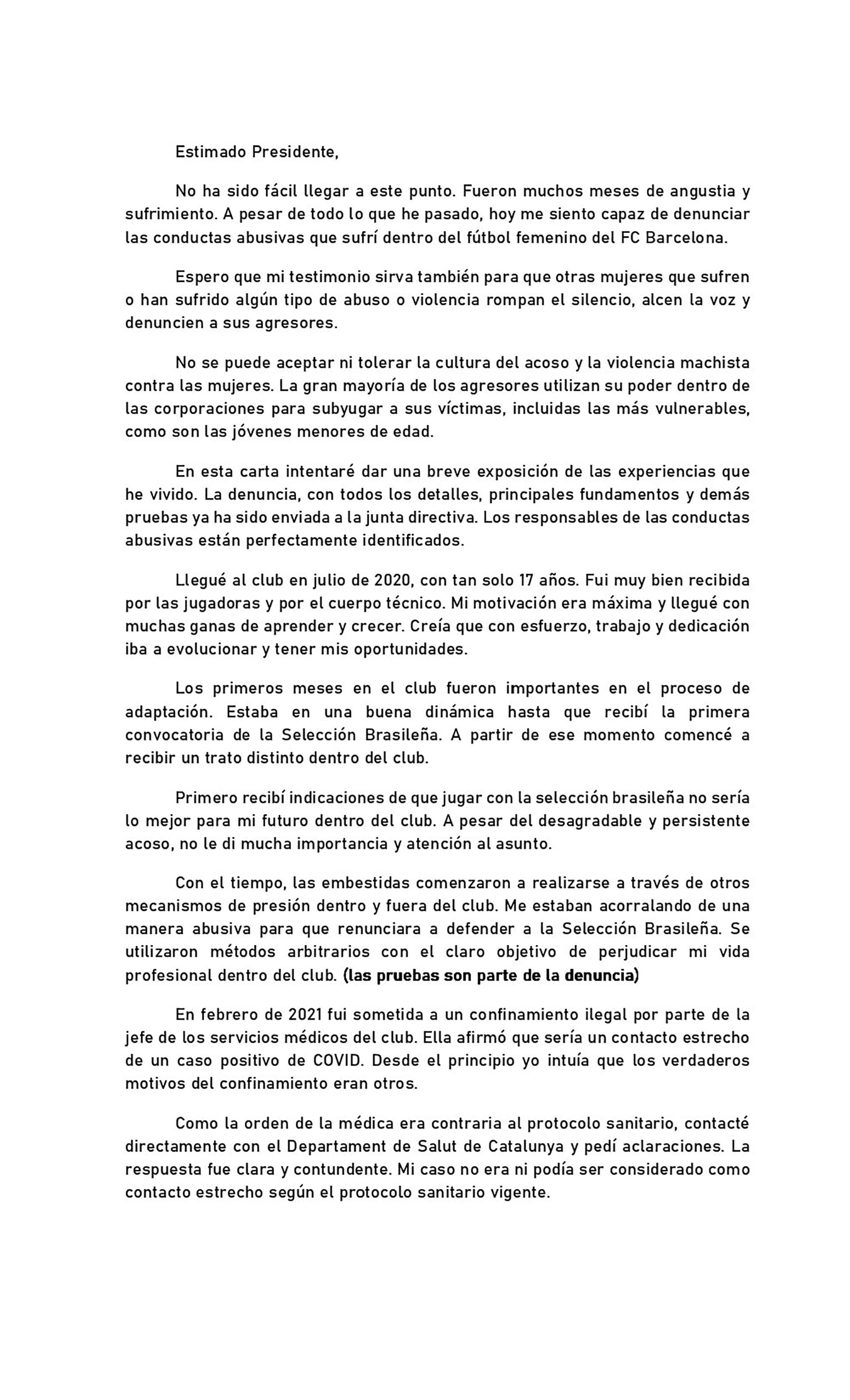 statement by footballer Gio Queiroz in an open letter to the president of Barcelona