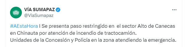 La concesionaria Vía Sumapaz confirmó la emergencia - crédito @ViaSumapaz/X