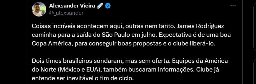 James Rodríguez tendría que hacer una buena Copa América con Colombia para que un equipo reconocido lo compre en São Paulo - crédito @_alexsander/X