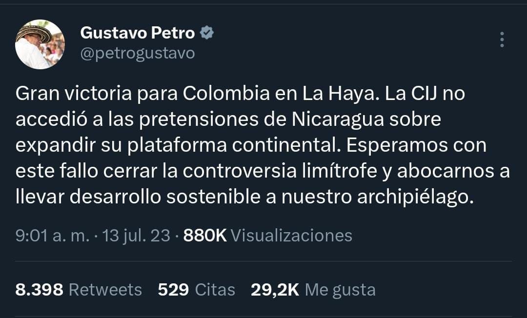 El presidente celebró la determinación de la CIJ sobre las pretensiones de Nicaragua - crédito @petrogustavo/Twitter 