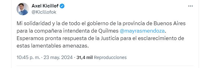 Tuit Kicillof amenaza a Mayra Mendoza