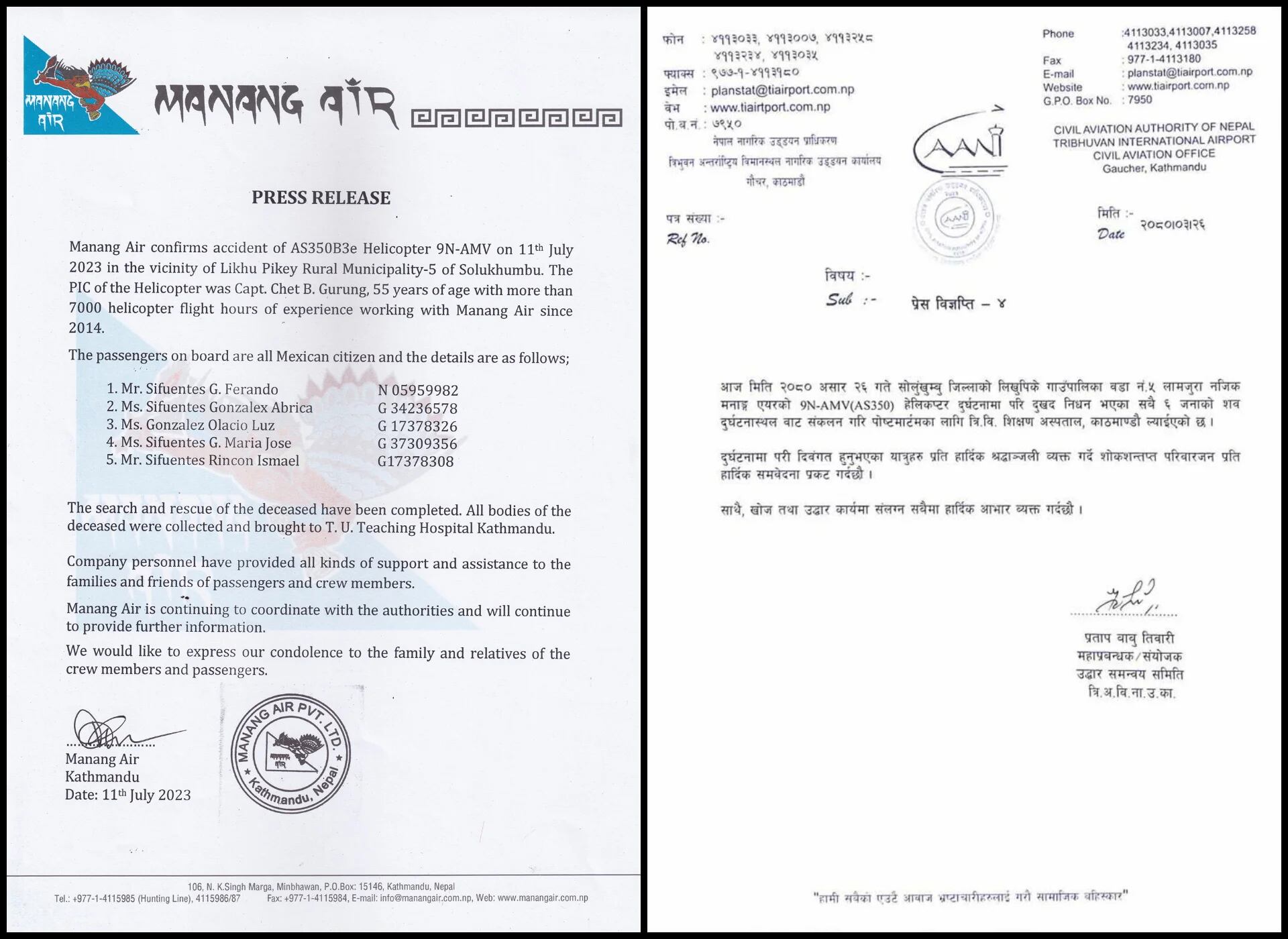 La Autoridad de Aviación Civil de Nepal y Manang Air Helicopters informaron del trágico accidente. (Manang Air y Civil Aviation Authority of Nepal)