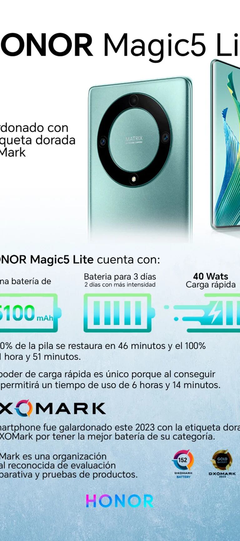 HONOR Magic5 Lite, el celular con una batería de 3 días, fue galardonado  con la etiqueta dorada DXOMark - Infobae