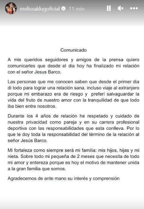 Melissa Klug comunica su separación con Jesús Barco.