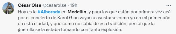 Comentarios contra la alborada en Medellín y Cali - crédito X