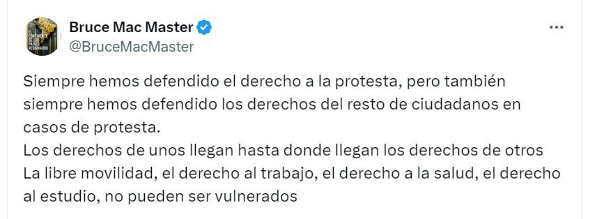 Bruce Mac Master, presidente de la Andi y del CGN, lamentó que el paro camionero no permita la libre movilidad - crédito @BruceMacMaster/X