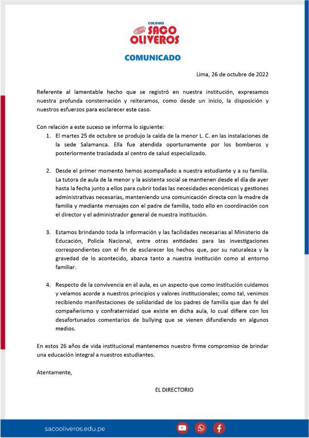 Niña De 12 Años Cayó Del Cuarto Piso Del Colegio Saco Oliveros Era Víctima De Bullying Pero