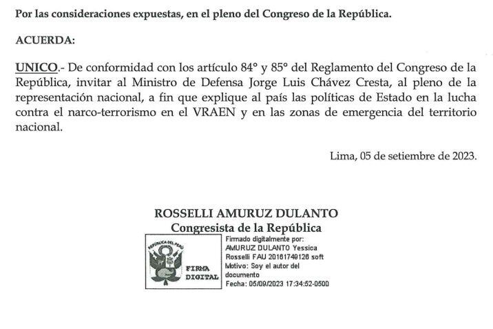 Moción de orden del día para que el ministro de Defensa, Jorge Chávez Cresta, acuda al Congreso para responder por la muerte de cuatro militares en el VRAEM.