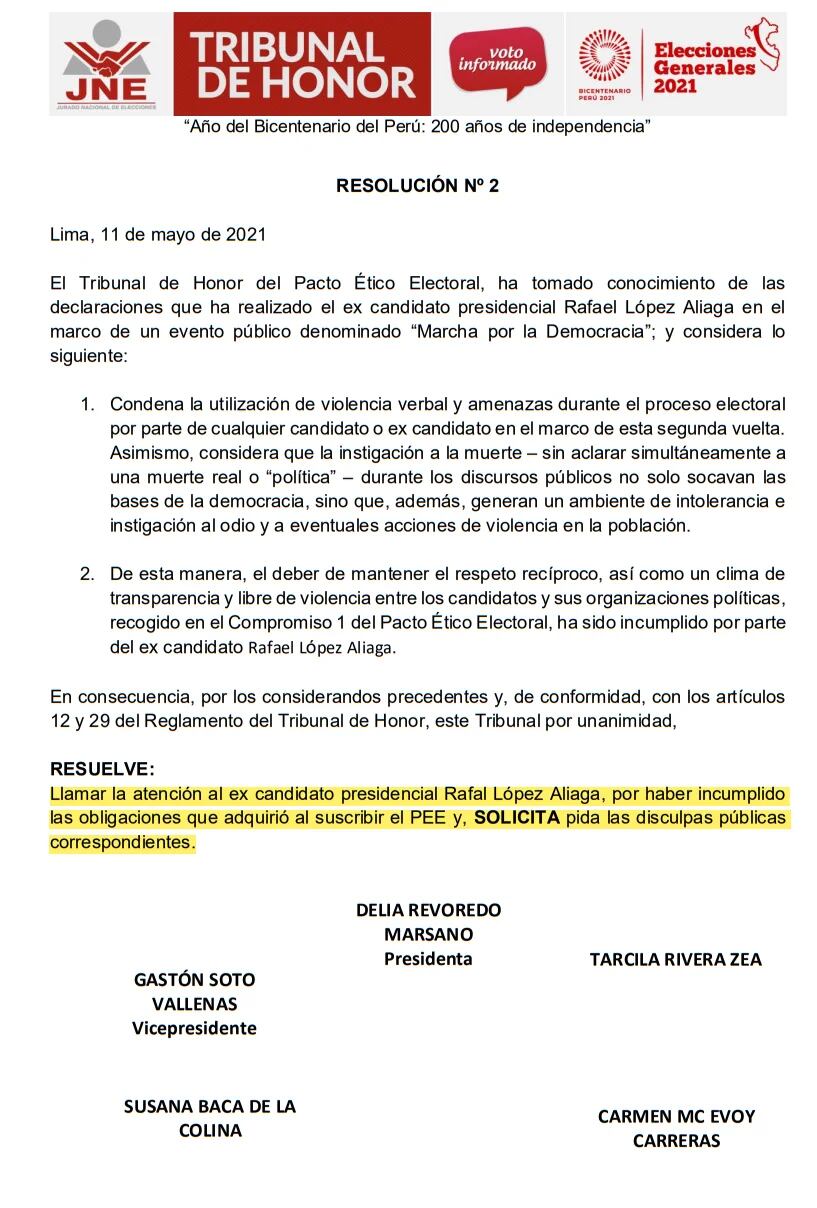 Llaman la atención de Rafael López Aliaga.