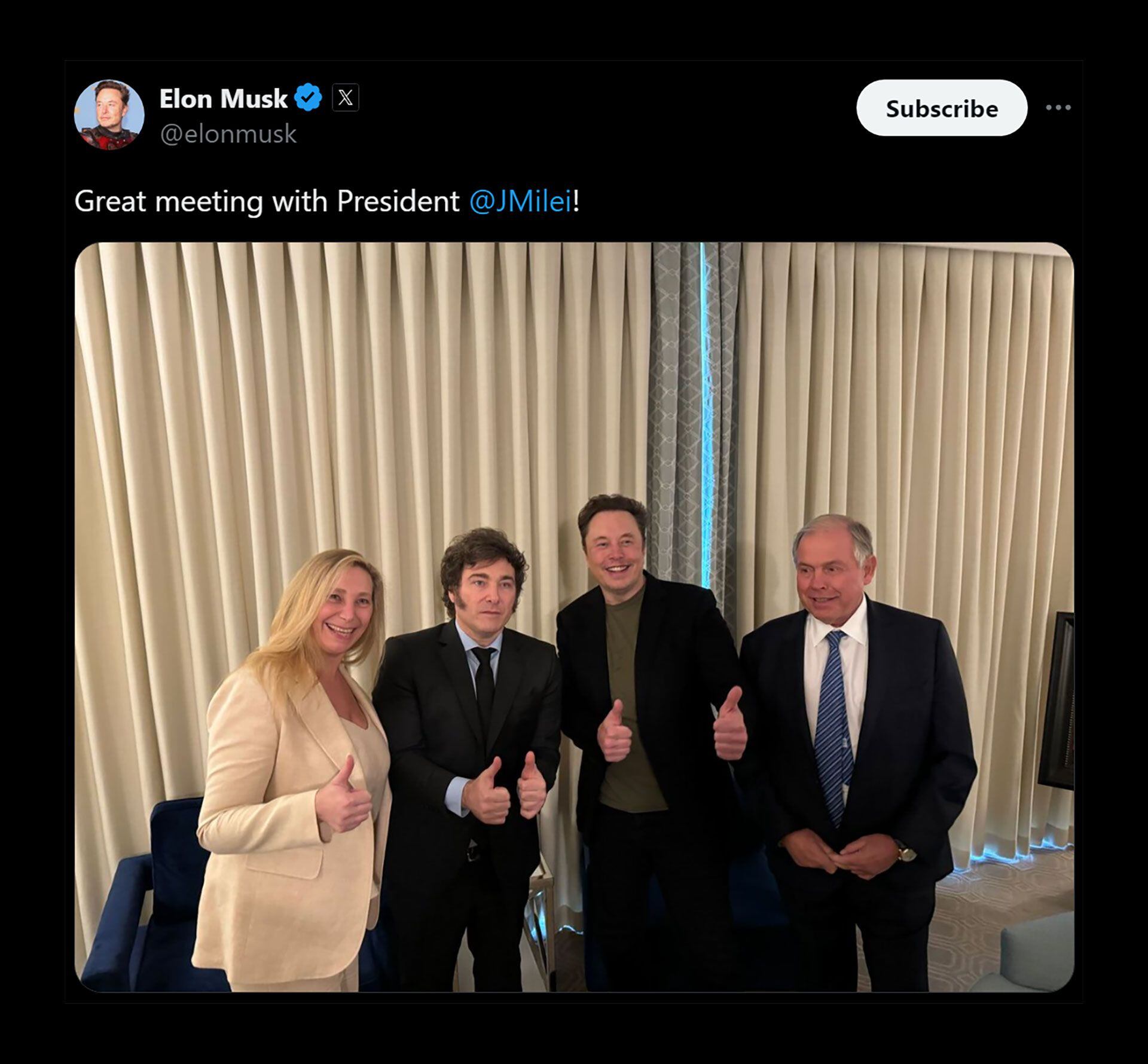 Tuit Elon Musk por su reunion con Javier Milei