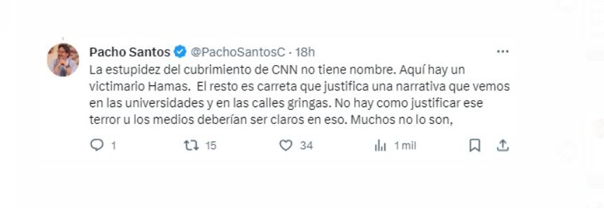 Pacho Santos no escatimó críticas hacia el cubrimiento mediático, especialmente dirigidas a la cadena de noticias estadounidense y canadiense - crédito @PachoSantosC/X