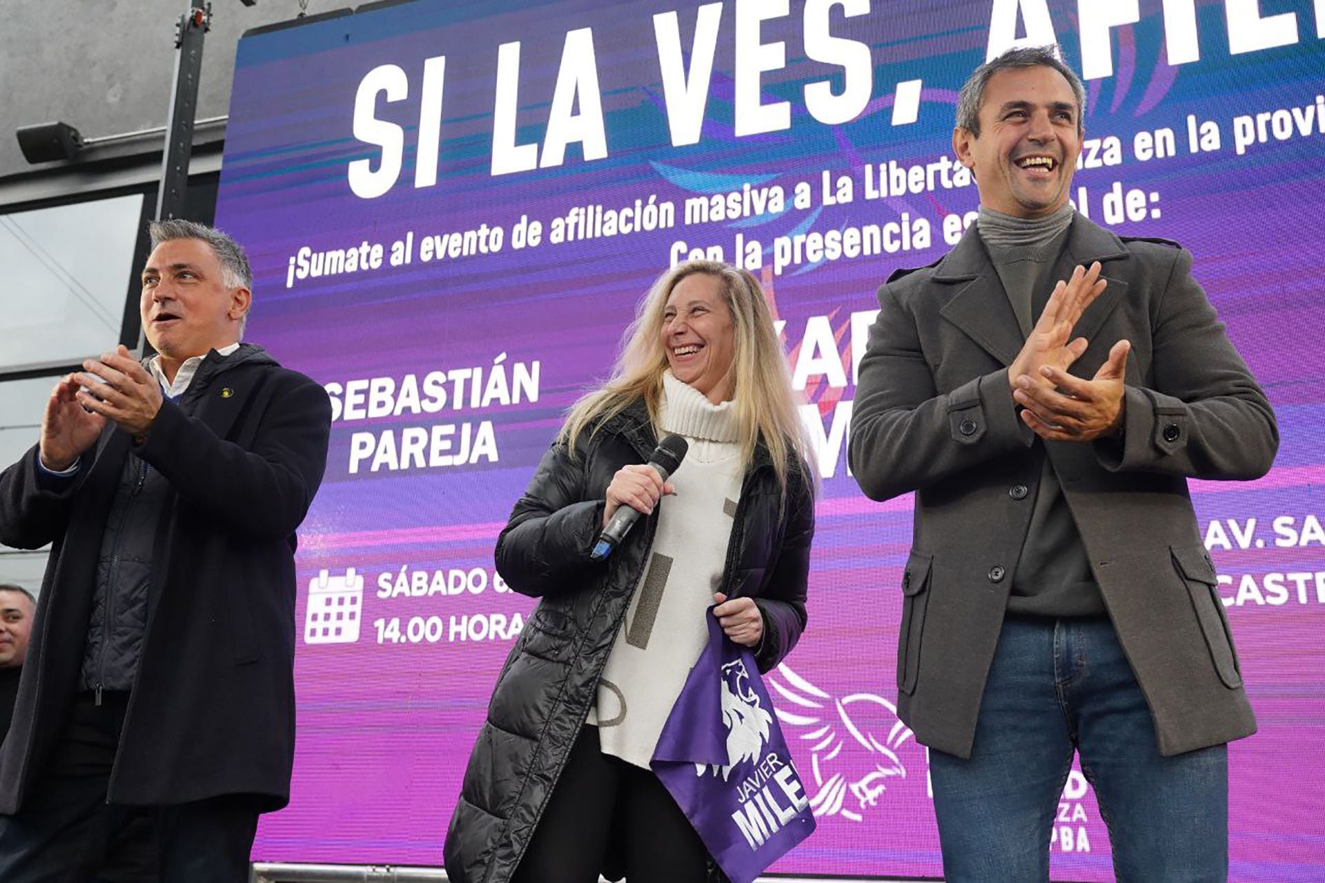 Martín Menem, en la presentación de La Libertad Avanza como fuerza nacional, junto a Sebastián Pareja y Karina Milei.