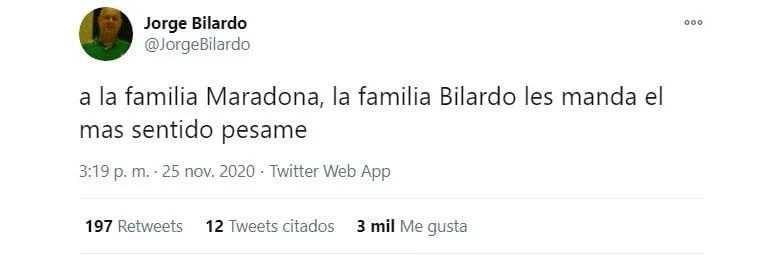 El tuit del hermano de Carlos Bilardo por la muerte de Diego Maradona