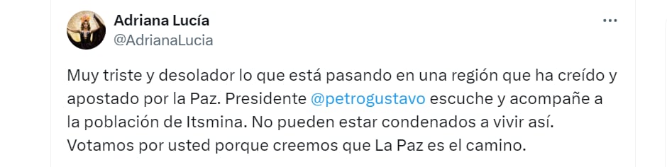 Adriana Lucía y su llamado de atención al Gobierno de Petro - @AdrianaLucia/X