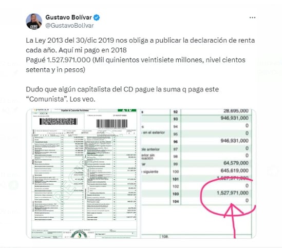 En 2020, Gustavo Bolívar compartió su declaración de renta y pidió a los del partido Centro Democrático que hicieran lo mismo - crédito @GustavoBolivar/X