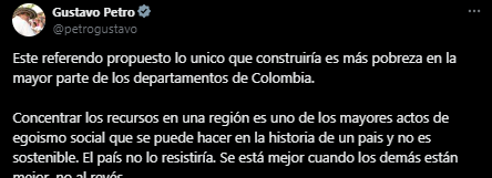 Presidente Petro está en contra de la autonomía fiscal regional que propone el gobernador de Antioquia y otros sectores políticos - crédito @PetroGustavo/X