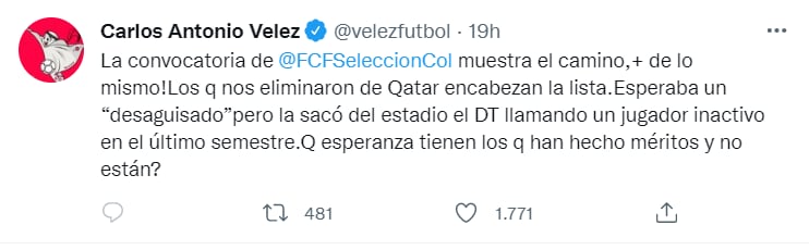 Carlos Antonio Vélez cuestiona la convocatoria de James a la Selección.