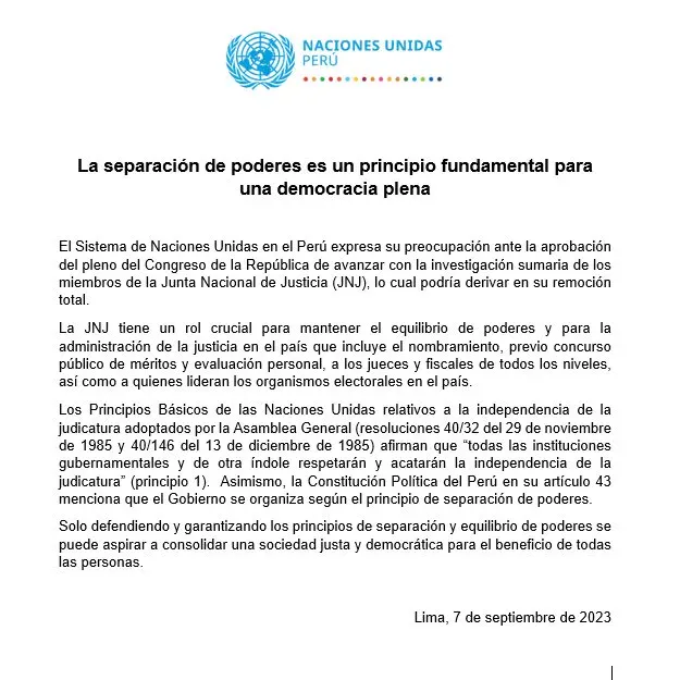 Statement on defending the principle of separation of powers in Peru (UN)