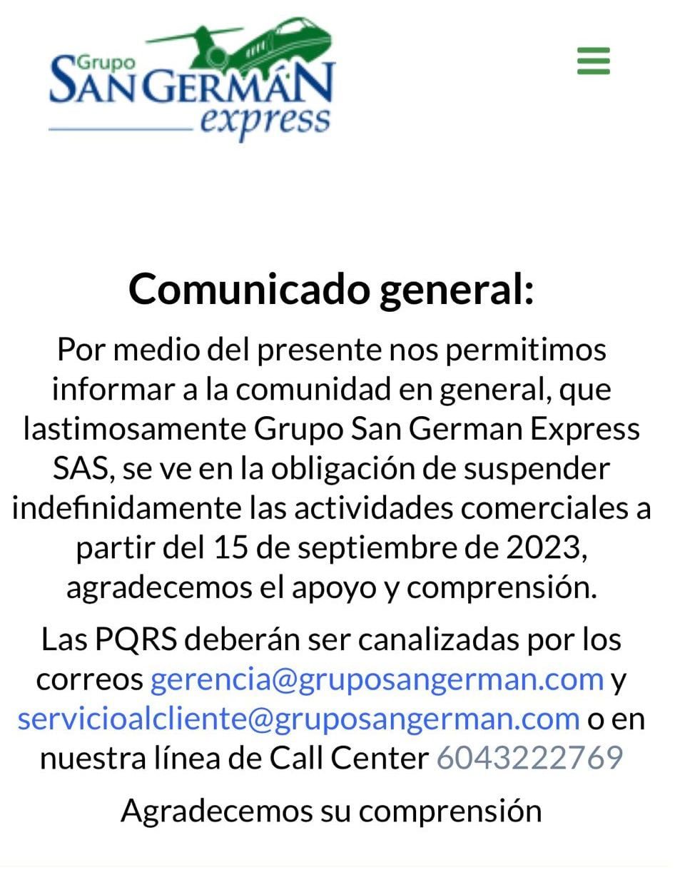 Imagen del comunicado del Grupo San Germán Express, en el que notificó que suspendería sus operaciones en Colombia de manera indefinida - crédito Grupo San Germán Express