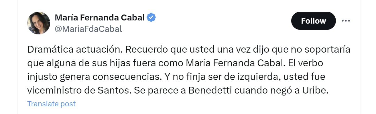 La senadora María Fernanda Cabal arremetió contra Daniel Quintero por hablar sobre persecución que sufrió hija del presidente Gustavo Petro - crédito @MariaFdaCabal/X