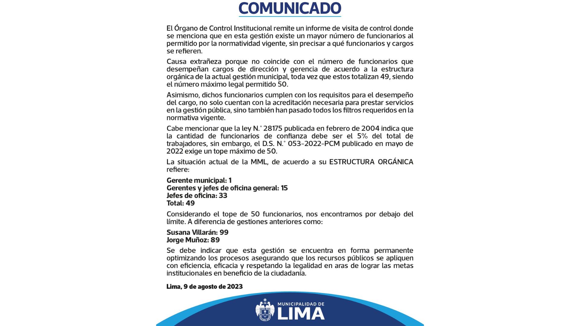 Comunicado de la Municipalidad de Lima| Municipalidad de Lima