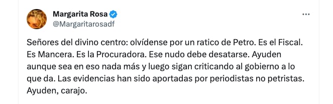 La actriz pidió a la derecha en Colombia fijarse en otros problemas como lo que sucede con la vicefiscal Martha Mancera - crédito @Margaritarosadf/X