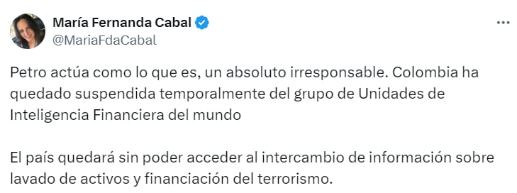 Según la senadora el presidente Petro es un completo irresponsable - crédito @MariaFdaCabal/X