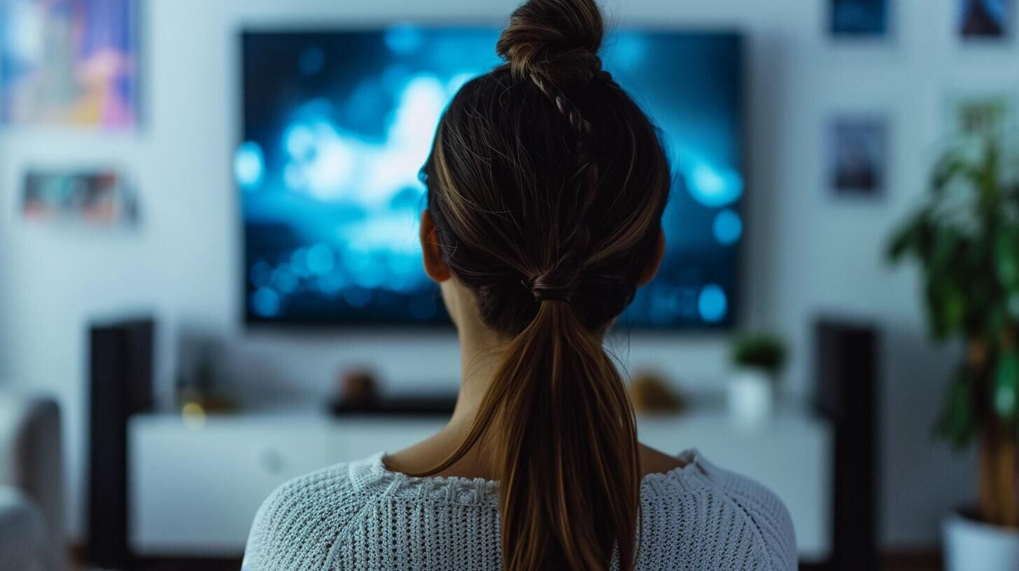 Mujer joven sentada en el living de su casa, mirando atentamente la televisión, conectada a una app de streaming. La habitación está iluminada suavemente, creando un ambiente acogedor para su maratón de cine y series. Ella navega por la programación de fin de semana, eligiendo su entretenimiento a través de internet. (Imagen ilustrativa Infobae)