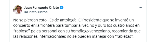 Juan Fernando Cristo Bustos resalta la ironía de las críticas de Iván Duque en la situación diplomática entre Colombia y Argentina - crédito @CristoBustos/X